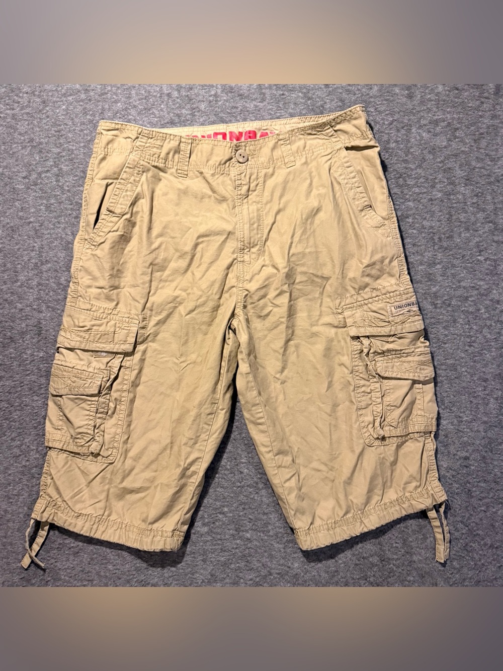 Union Bay Cargo Shorts Mens 34 tan Long 14" inseam Lightweight Cotton Y2K